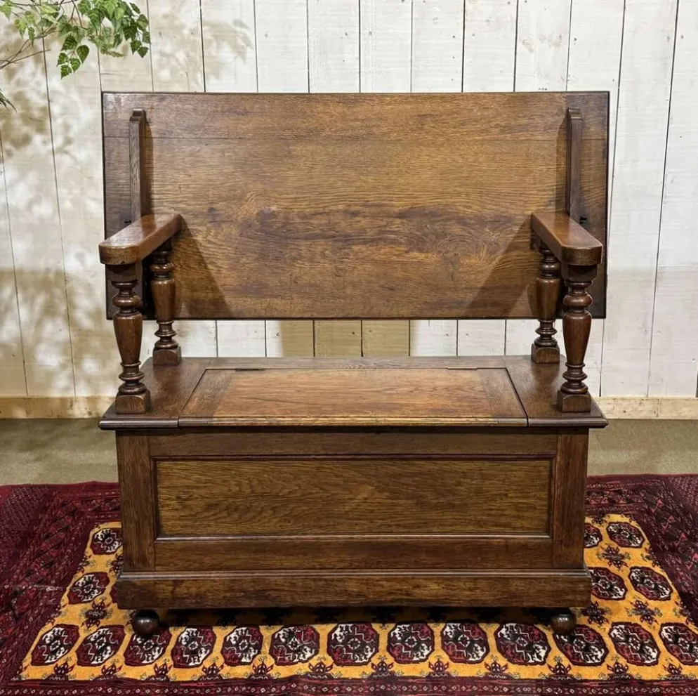 Banc coffre anglais en chêne des années 30 pouvant faire console