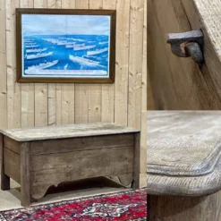 Banc coffre du 18ème en chêne brut - L=1m32, P=65cm, H=62cm.