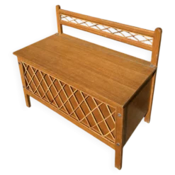 Banc coffre vintage 1960 chêne clair et tressage rotin