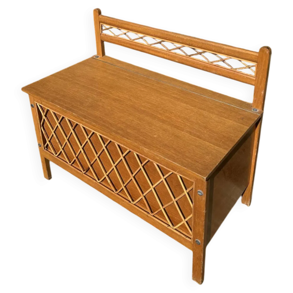 Banc coffre vintage 1960 chêne clair et tressage rotin