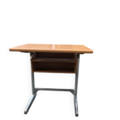 Banc d'école Embru suisse 1960s en bois et acier marron/gris - bureau scolaire vintage