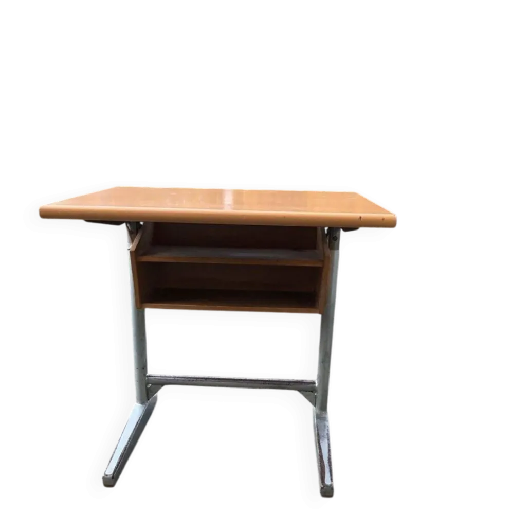 Banc d'école Embru suisse 1960s en bois et acier marron/gris - bureau scolaire vintage