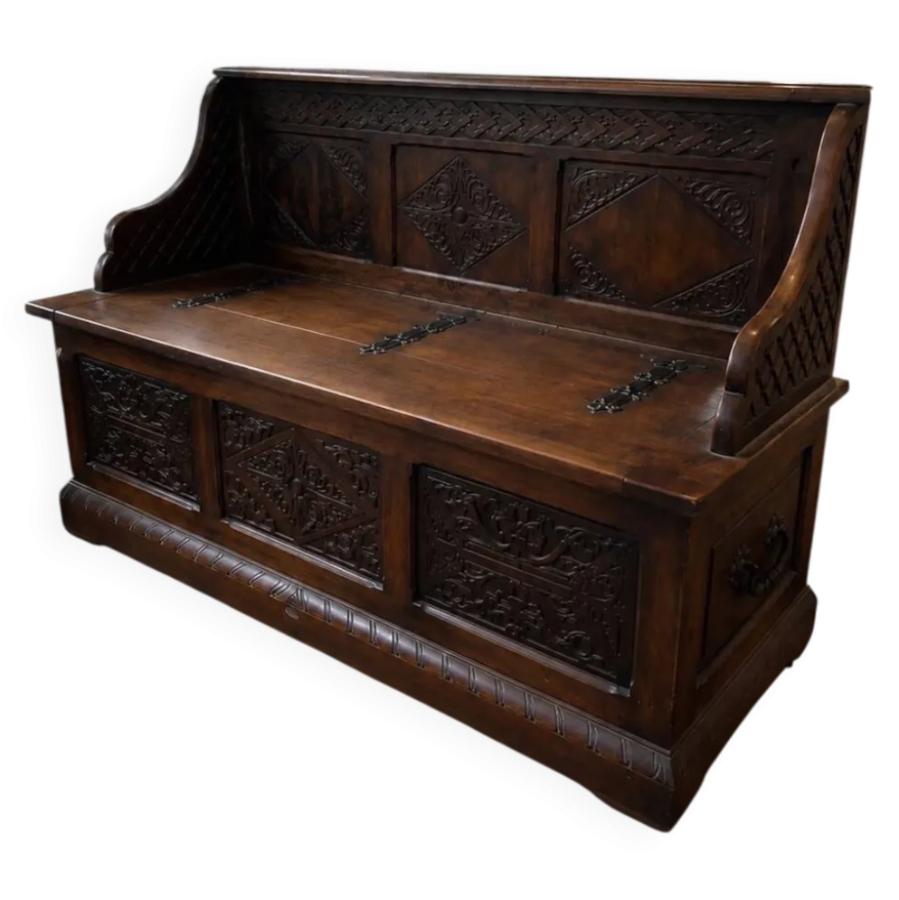 Banc-malle d’époque en chêne massif sculpté – Fin XIXᵉ siècle