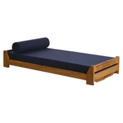 Banquette en bois et tissu bleu nuit, France, circa 1955