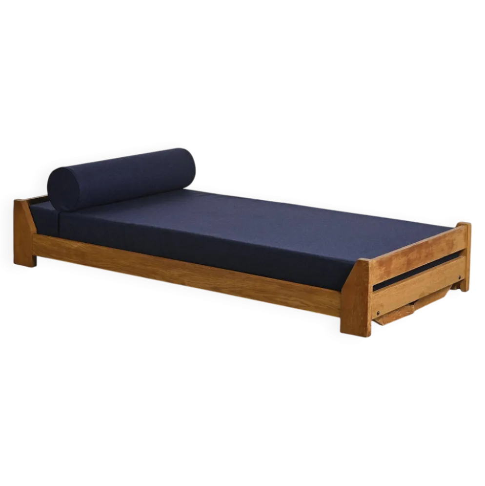 Banquette en bois et tissu bleu nuit, France, circa 1955