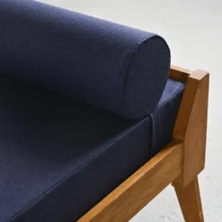 Banquette en bois et tissu bleu nuit, France, circa 1955