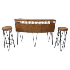 Bar comptoir avec ses 2 tabourets en rotin et métal des années 50 Vintage