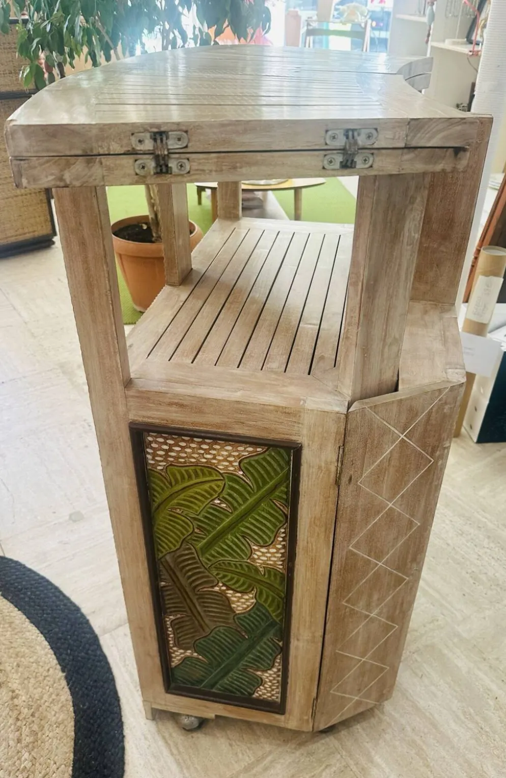 Bar comptoir vintage pliant sur roulette bois