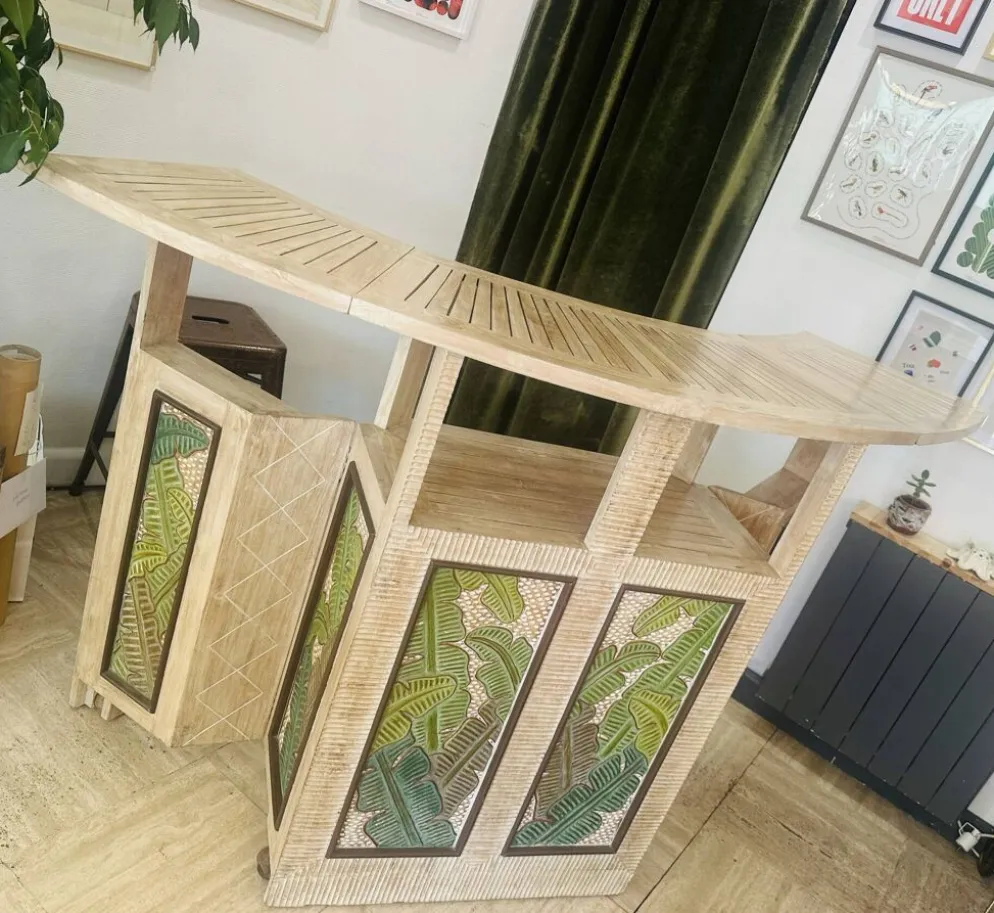 Bar comptoir vintage pliant sur roulette bois