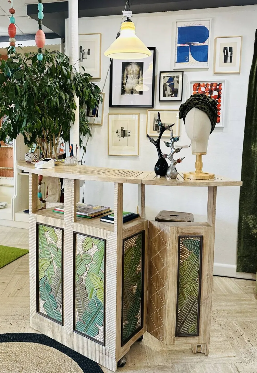 Bar comptoir vintage pliant sur roulette bois