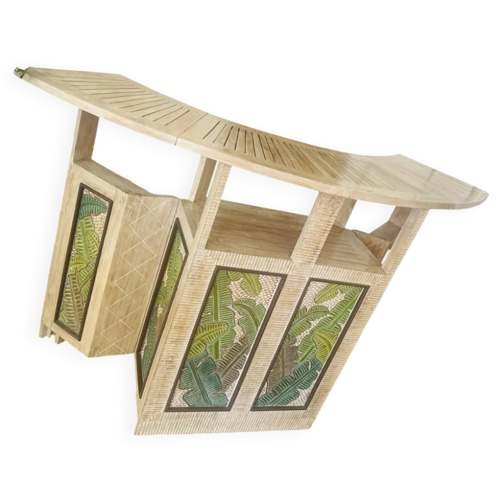 Bar comptoir vintage pliant sur roulette bois