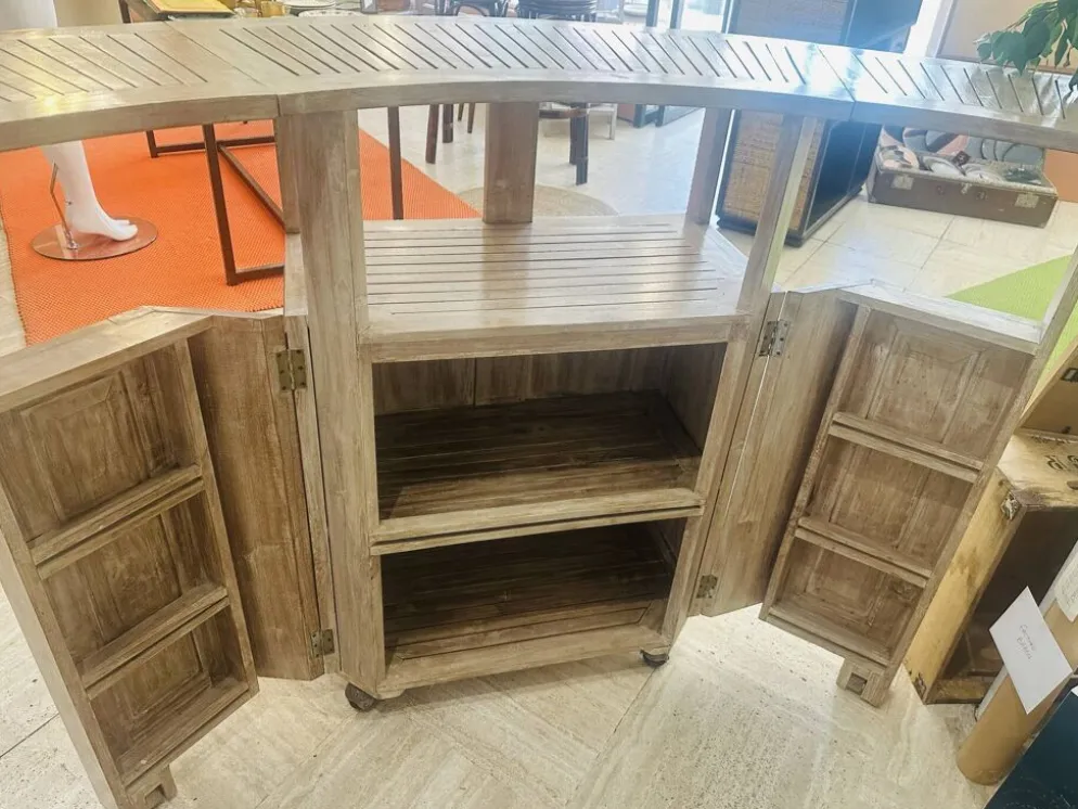 Bar comptoir vintage pliant sur roulette bois