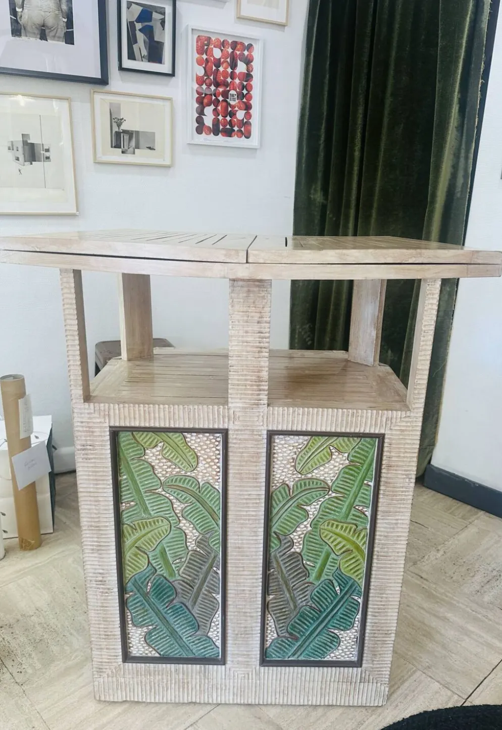 Bar comptoir vintage pliant sur roulette bois