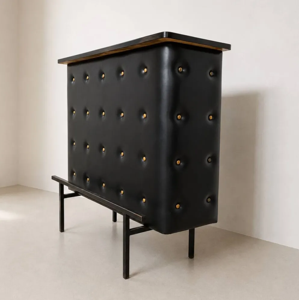 Bar d'appartement / comptoir en simili cuir noir Vintage 1950 Stl Adnet