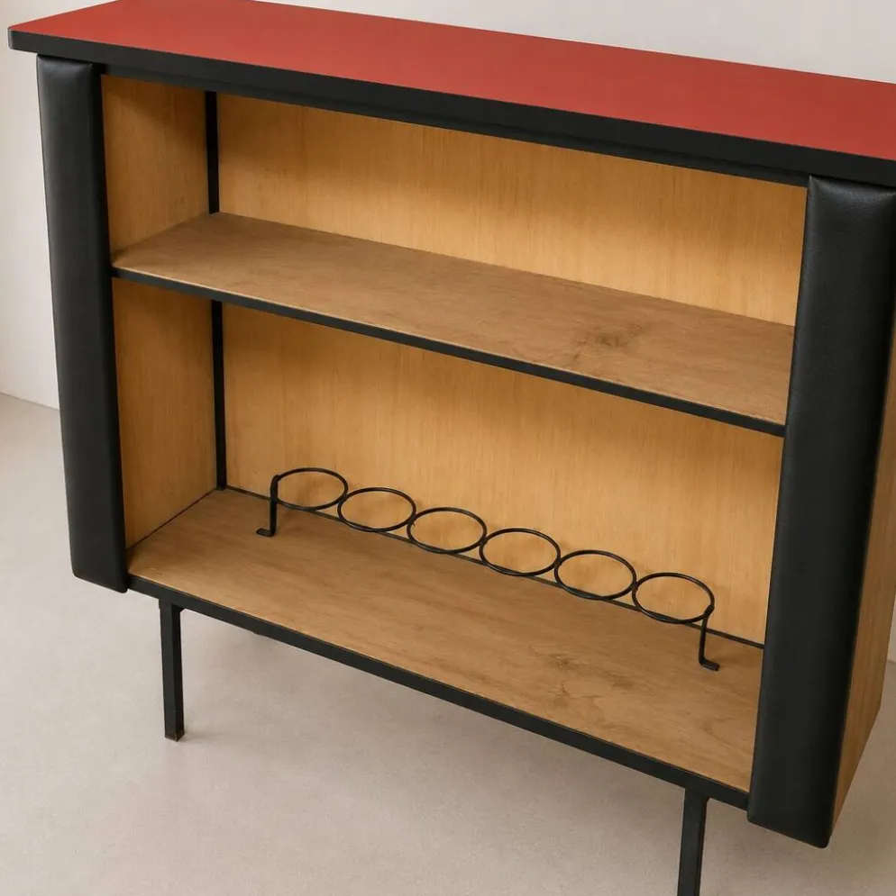 Bar d'appartement / comptoir en simili cuir noir Vintage 1950 Stl Adnet