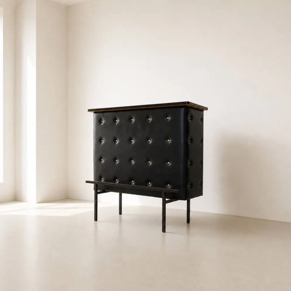 Bar d'appartement / comptoir en simili cuir noir Vintage 1950 Stl Adnet