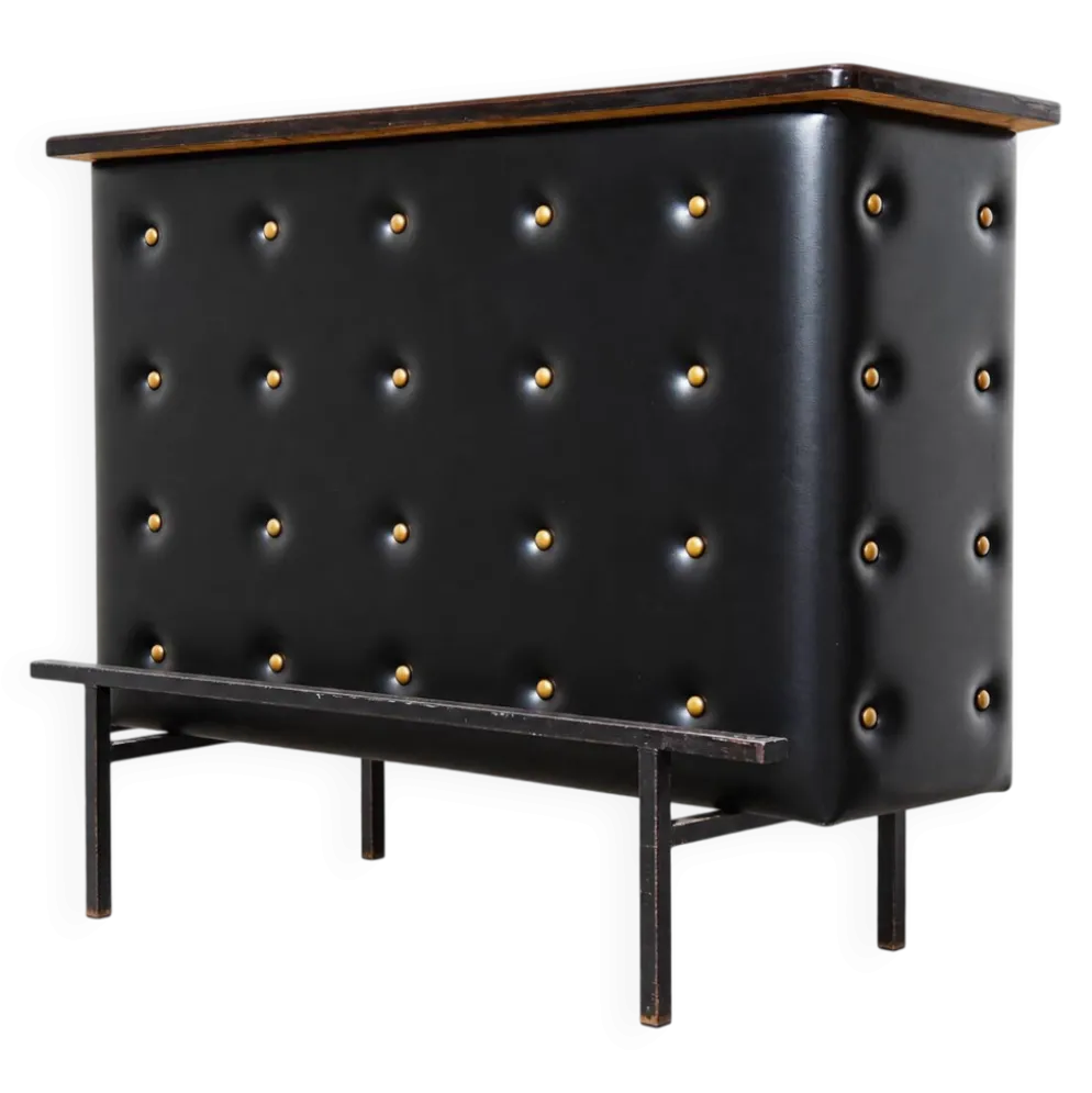 Bar d'appartement / comptoir en simili cuir noir Vintage 1950 Stl Adnet