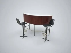 Bar en palissandre du milieu du XXe siècle avec tabourets de bar