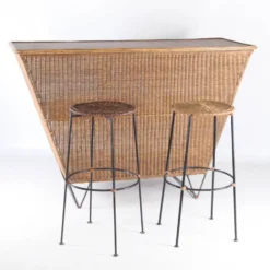 Bar et osier et fer et ses 2 tabourets