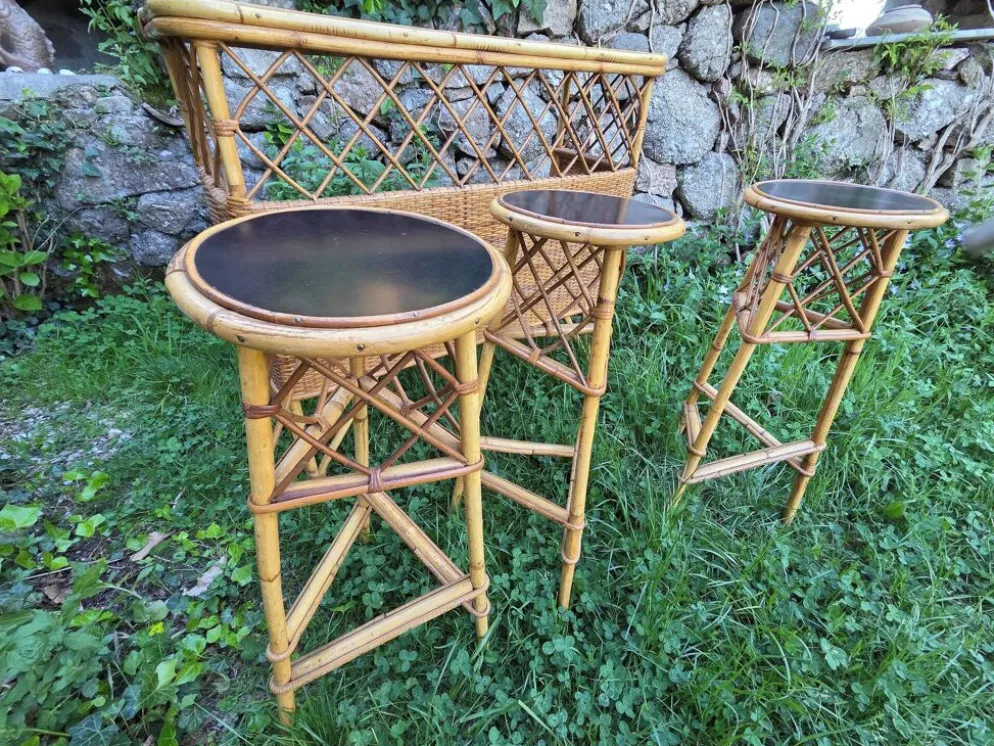 Bar et tabourets rotin vintage