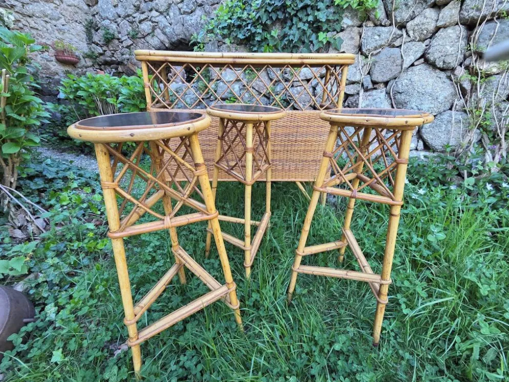 Bar et tabourets rotin vintage