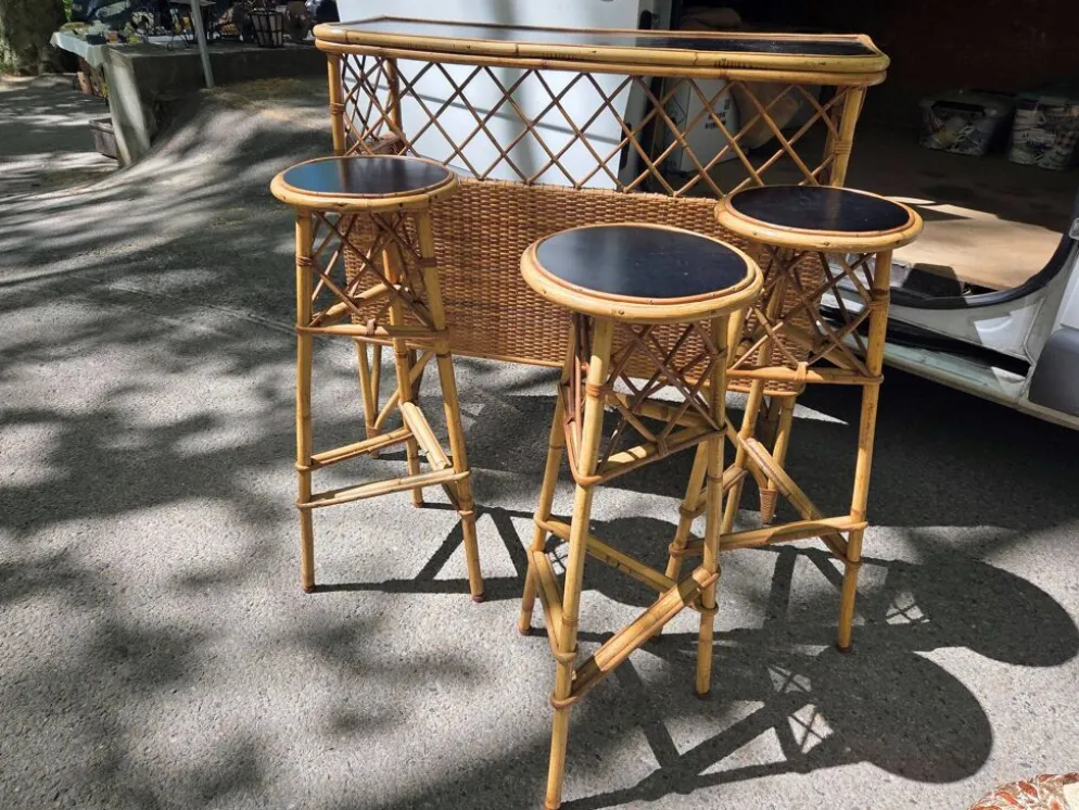 Bar et tabourets rotin vintage