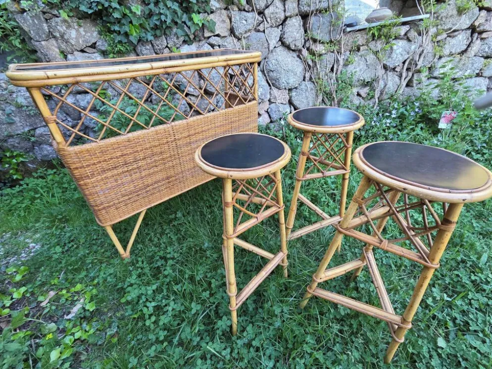 Bar et tabourets rotin vintage