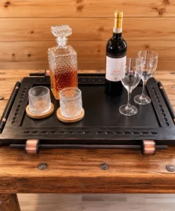 Bar roulant vintage rénové noir & cuivre avec plateau de service amov