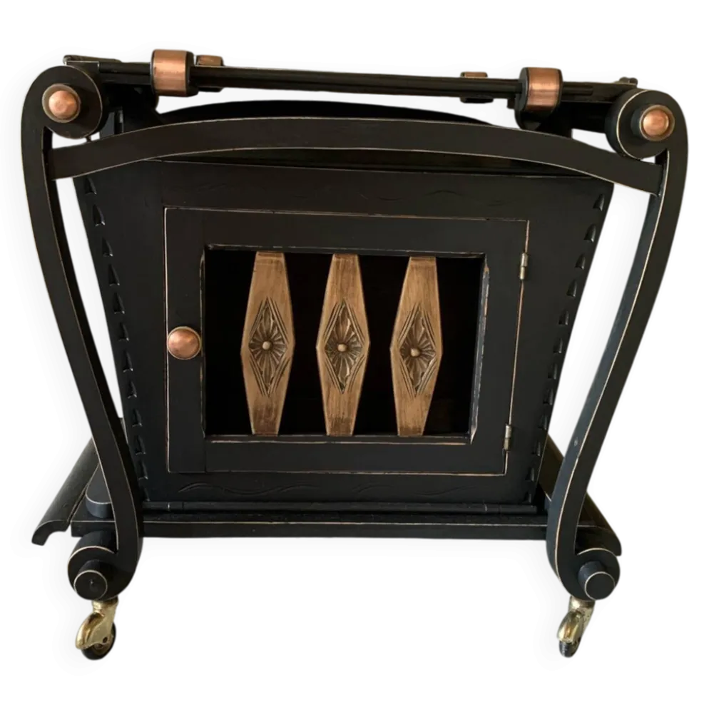 Bar roulant vintage rénové noir & cuivre avec plateau de service amov