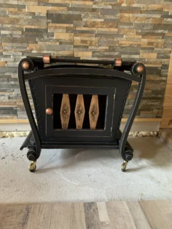 Bar roulant vintage rénové noir & cuivre avec plateau de service amov