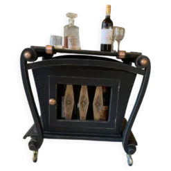 Bar roulant vintage rénové noir & cuivre avec plateau de service amov