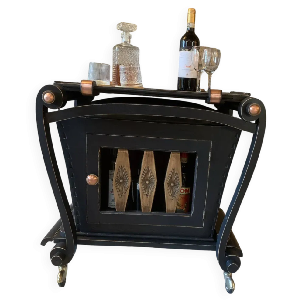 Bar roulant vintage rénové noir & cuivre avec plateau de service amov