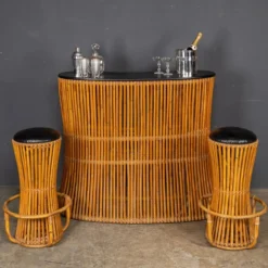 Bar à sec et tabourets en bambou italien des années 1960