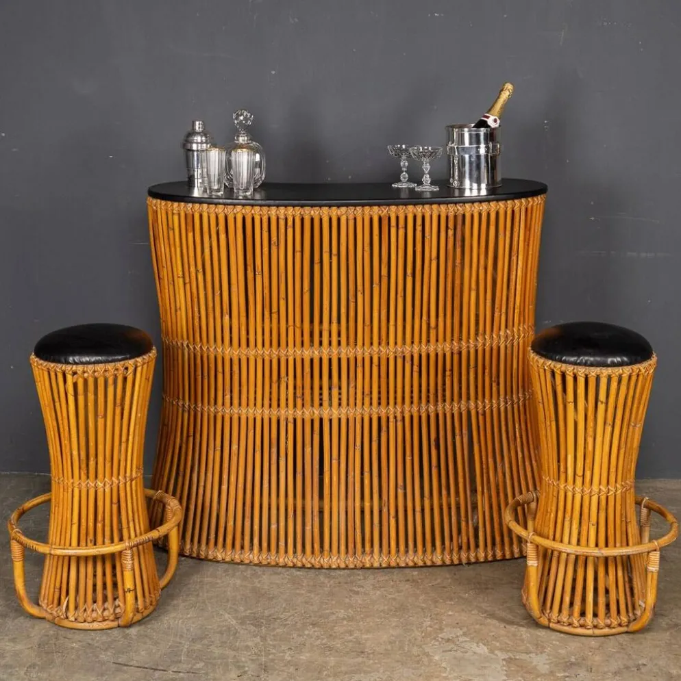 Bar à sec et tabourets en bambou italien des années 1960