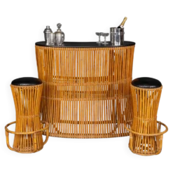 Bar à sec et tabourets en bambou italien des années 1960