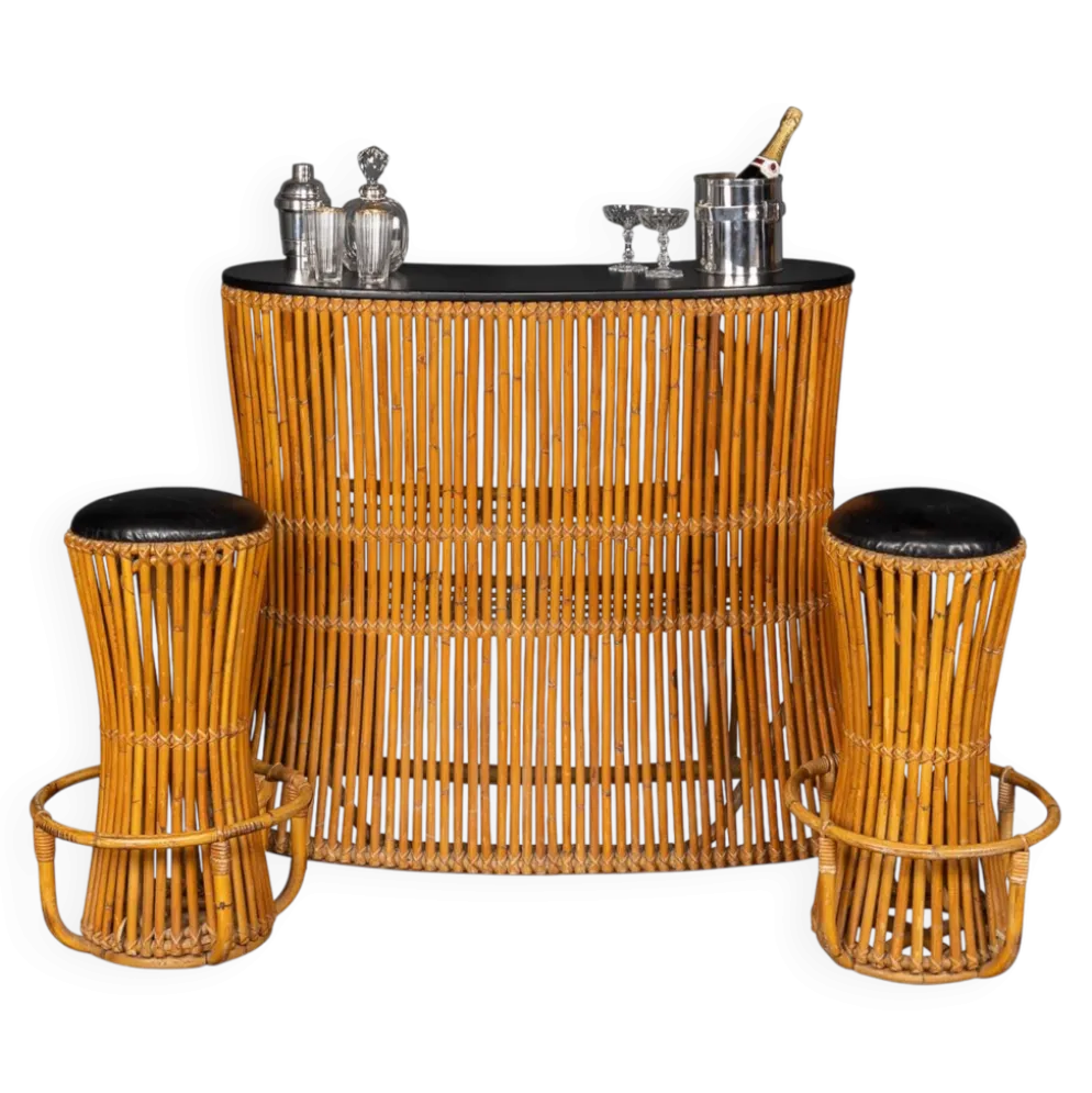 Bar à sec et tabourets en bambou italien des années 1960