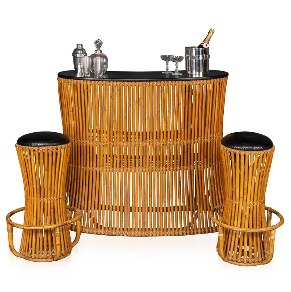 Bar à sec et tabourets en bambou italien des années 1960