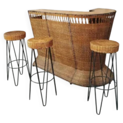 Bar vintage rotin et métal et ses tabourets