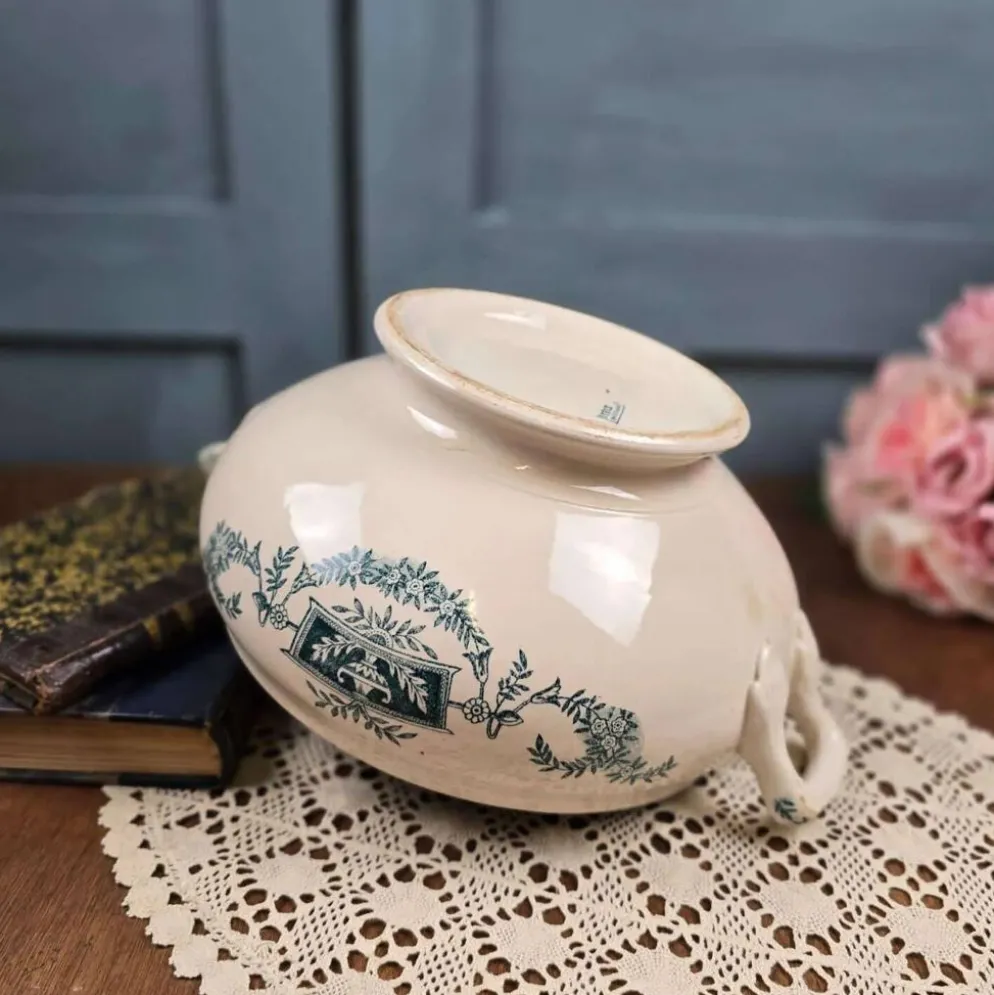 Bas de soupière ancien Lutèce Longchamp, Terre de fer crème décor vert