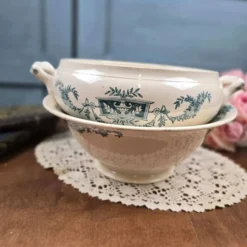 Bas de soupière ancien Lutèce Longchamp, Terre de fer crème décor vert