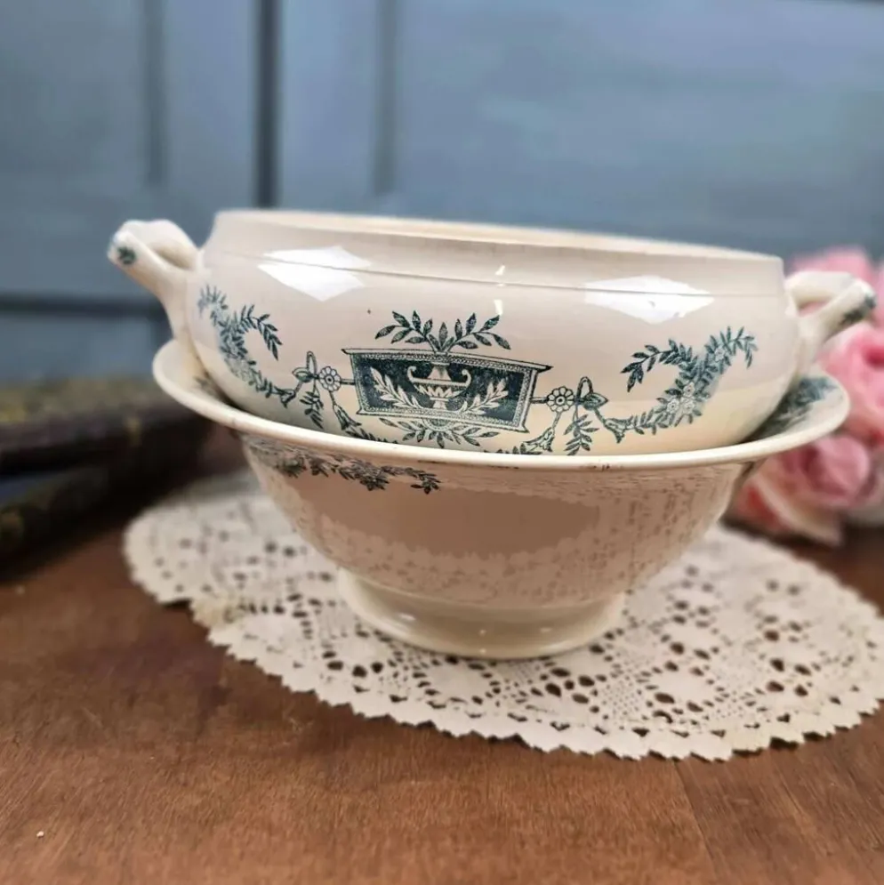 Bas de soupière ancien Lutèce Longchamp, Terre de fer crème décor vert