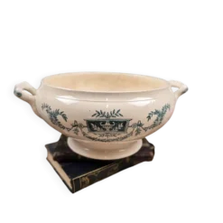 Bas de soupière ancien Lutèce Longchamp, Terre de fer crème décor vert
