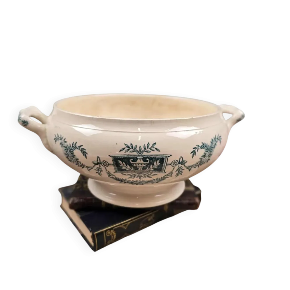 Bas de soupière ancien Lutèce Longchamp, Terre de fer crème décor vert