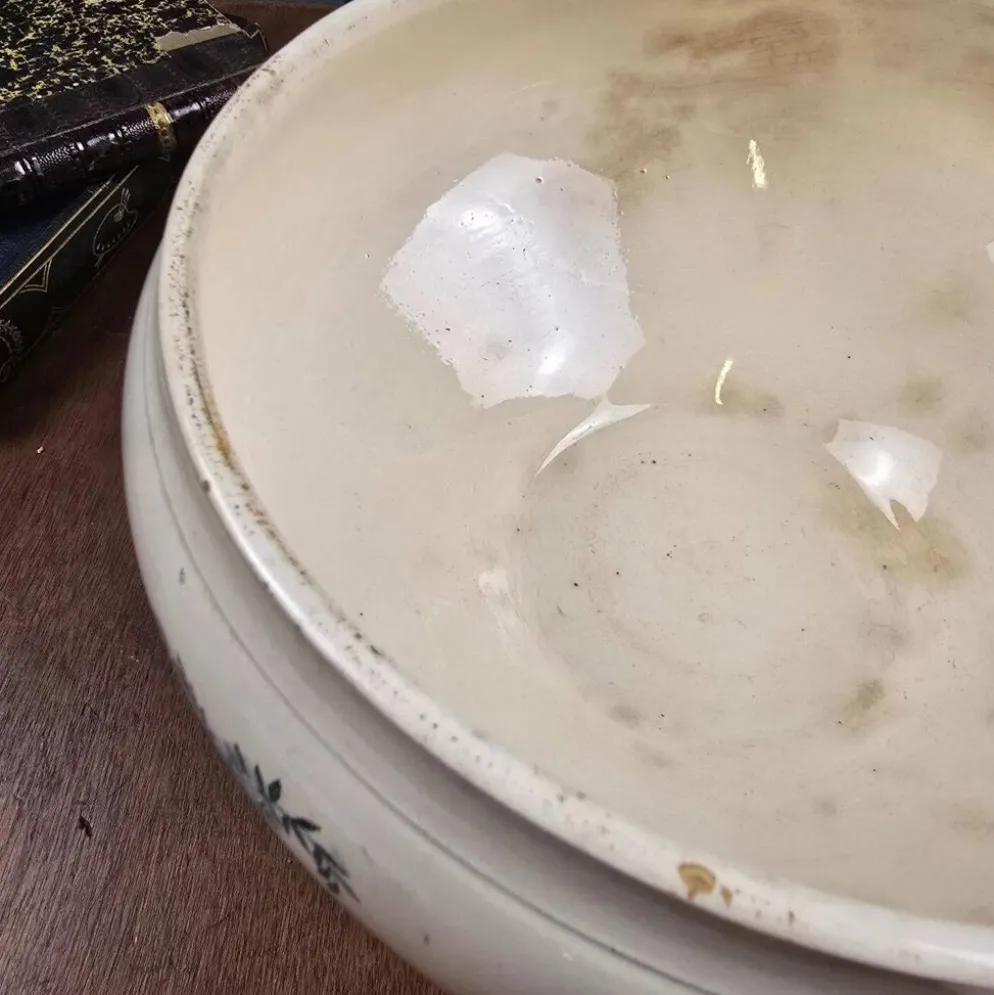 Bas de soupière ancien Lutèce Longchamp, Terre de fer crème décor vert