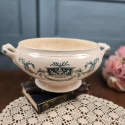 Bas de soupière ancien Lutèce Longchamp, Terre de fer crème décor vert
