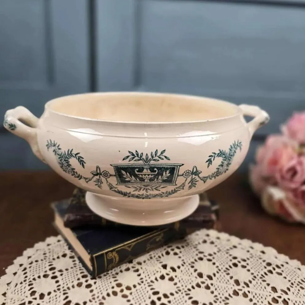 Bas de soupière ancien Lutèce Longchamp, Terre de fer crème décor vert