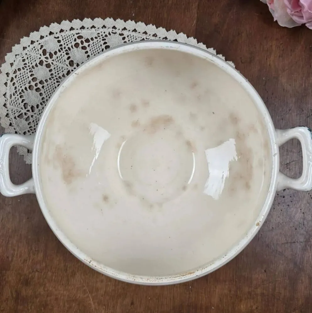 Bas de soupière ancien Lutèce Longchamp, Terre de fer crème décor vert