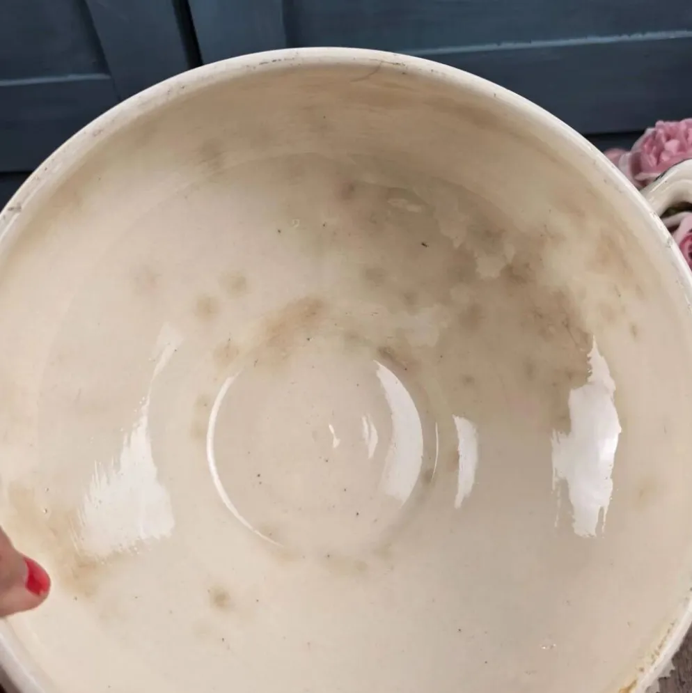 Bas de soupière ancien Lutèce Longchamp, Terre de fer crème décor vert