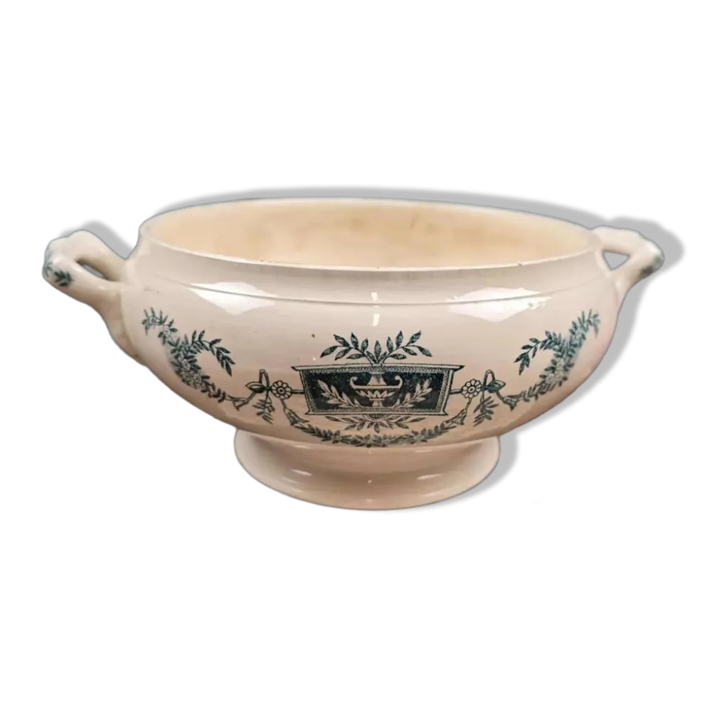 Bas de soupière ancien Lutèce Longchamp, Terre de fer crème décor vert