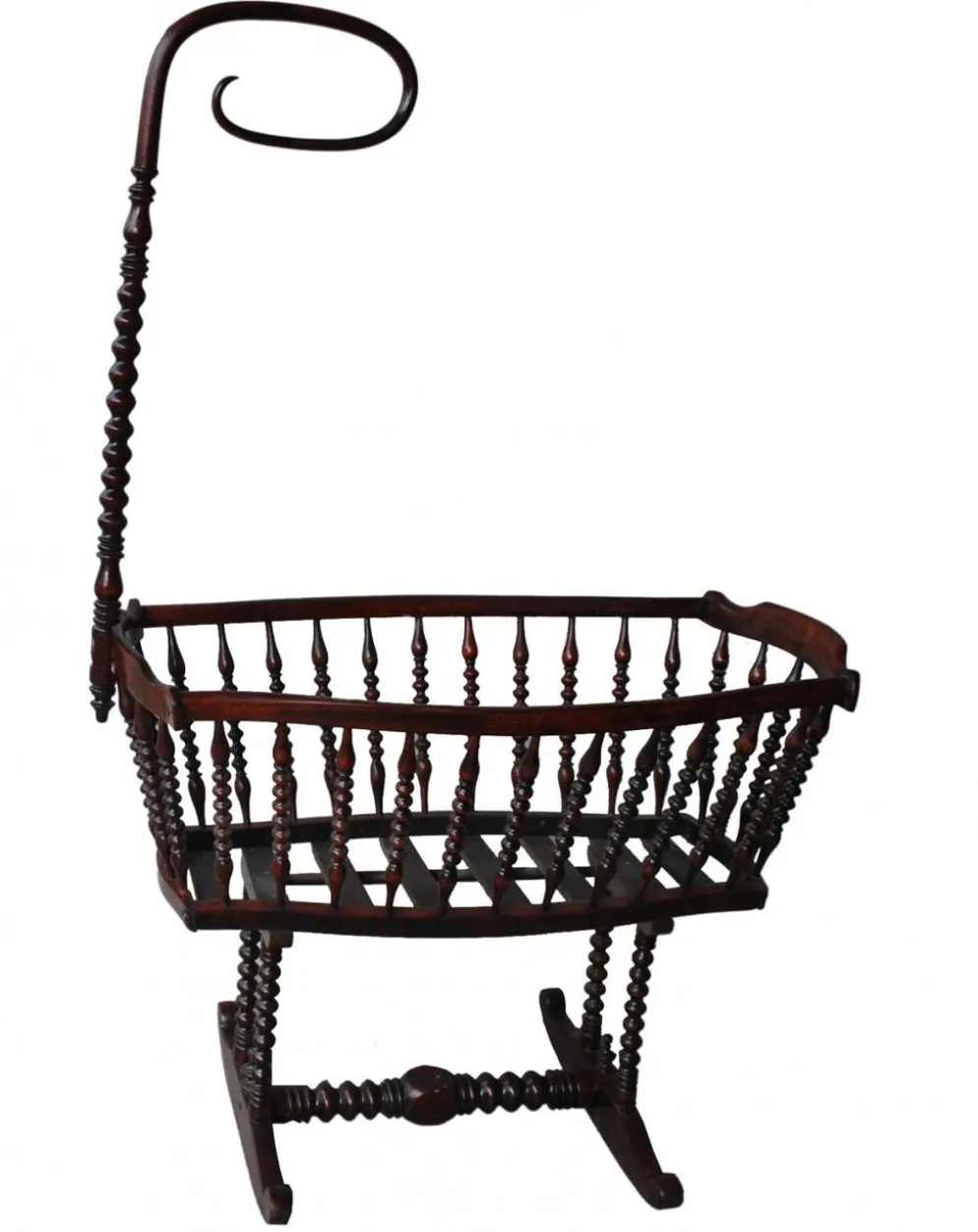 Berceau ancien en bois exotique teinté acajou